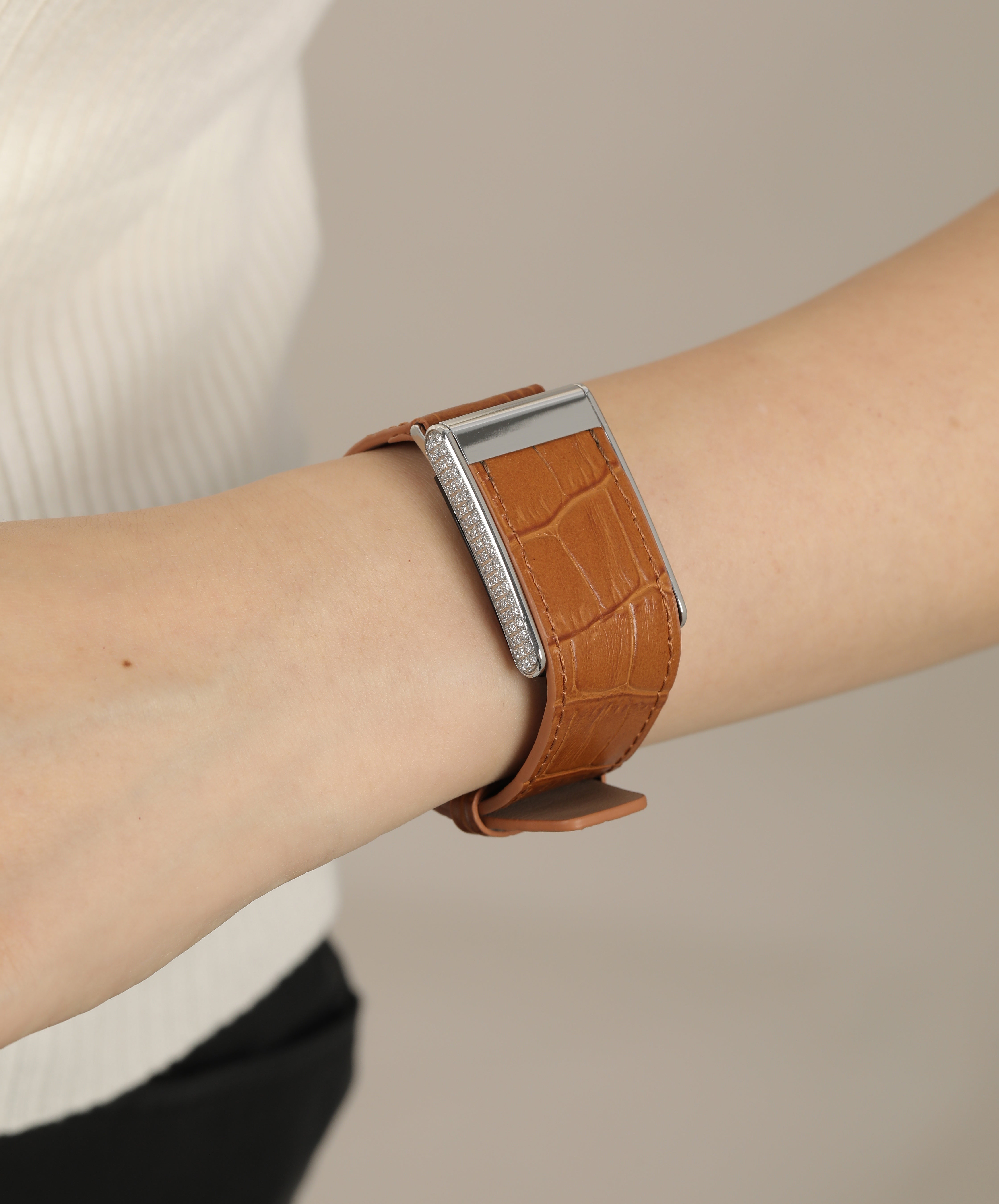 Light Coffee Genuine Leather Strap for Whoop with Diamond Buckle